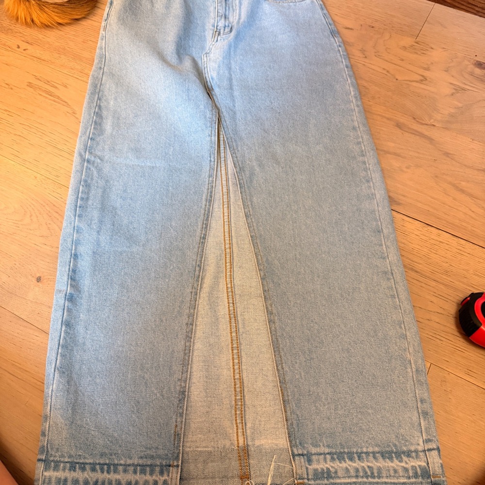 Edikted Light Blue Denim Maxi Skirt Front Slit Raw Hem S12465 Size M